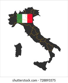 Grey map of Italy and national flag.