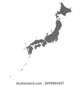 Grey map of Japan with its administrative division on 47 prefectures isolated on white background. Vector illustration 