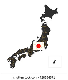 Grey Map Of Japan And National Flag.