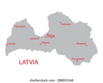 grey map of Latvia with indication of largest cities