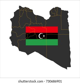 Grey map of Libya and national flag.
