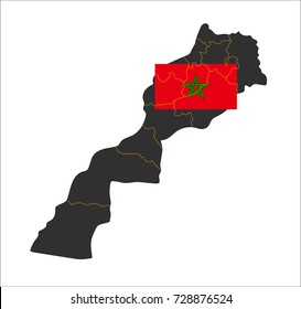 Grey map of Morocco and national flag.