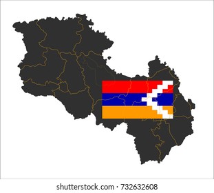 Grey map of Nagorno-Karabakh Republic and national flag.

