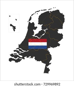 Grey map of Netherland and national flag.
