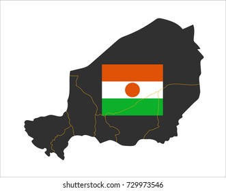 Grey map of Niger and national flag.
