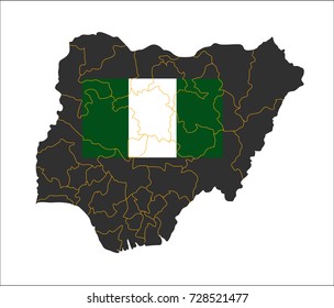 Grey map of Nigeria and national flag.