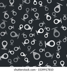 Grey Map pin icon isolated seamless pattern on black background. Navigation, pointer, location, map, gps, direction, place, compass, contact, search concept.  Vector Illustration