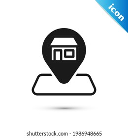 Graue Kartennadel mit Shopping-Building-Symbol einzeln auf weißem Hintergrund. Ladenbau.  Vektorgrafik
