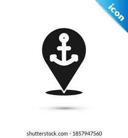 Grey Map pointer with anchor icon isolated on white background.  Vector