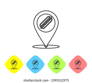 Grey Map pointer with fast food hotdog line icon isolated on white background. Sausage icon. Set icon in color rhombus buttons. Vector Illustration