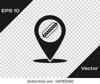 Grey Map pointer with fast food hotdog icon isolated on transparent background. Sausage icon. Vector Illustration