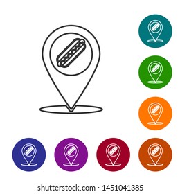 Grey Map pointer with fast food hotdog line icon isolated on white background. Sausage icon. Set icon in color circle buttons. Vector Illustration