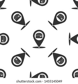 Grey Map pointer with fast food burger icon isolated seamless pattern on white background. Vector Illustration