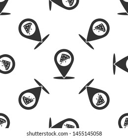 Grey Map pointer with fast food slice pizza icon isolated seamless pattern on white background. Pizzeria location icon. Pizza cafe and restaurant marker. Vector Illustration