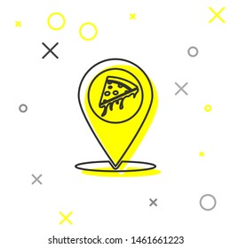 Grey Map pointer with fast food slice pizza line icon isolated on white background. Pizzeria location icon. Pizza cafe and restaurant marker. Vector Illustration