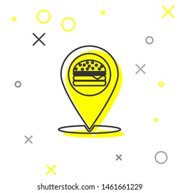 Grey Map pointer with fast food burger line icon isolated on white background. Vector Illustration