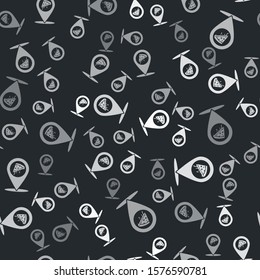 Grey Map pointer with fast food slice pizza icon isolated seamless pattern on black background. Pizzeria location icon. Pizza cafe and restaurant marker.  Vector Illustration