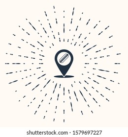 Grey Map pointer with fast food hotdog icon isolated on beige background. Sausage icon. Abstract circle random dots. Vector Illustration
