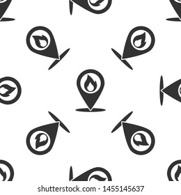 Grey Map pointer with fire flame icon isolated seamless pattern on white background. Fire nearby. Vector Illustration