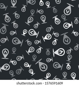 Grey Map pointer with fire flame icon isolated seamless pattern on black background. Fire nearby.  Vector Illustration