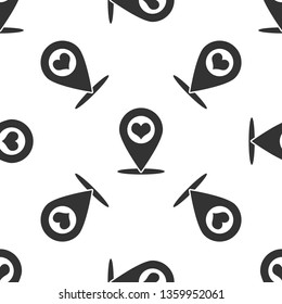 Grey Map pointer with heart icon isolated seamless pattern on white background. Vector Illustration