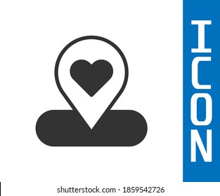 Puntero de mapa gris con icono cardíaco aislado en fondo blanco. Día de San Valentín. La ubicación encantadora. Alfiler de mapa romántico.  Vector