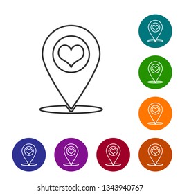Grey Map pointer with heart line icon isolated on white background. Vector Illustration