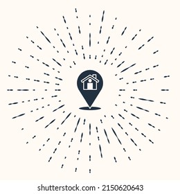 Grey Map pointer with house icon isolated on beige background. Home location marker symbol. Abstract circle random dots. Vector