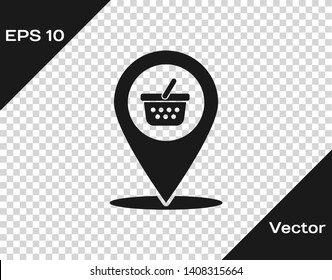 Grey Map pointer with shopping basket icon isolated on transparent background. Pin point shop and shopping. Supermarket basket symbol. Vector Illustration