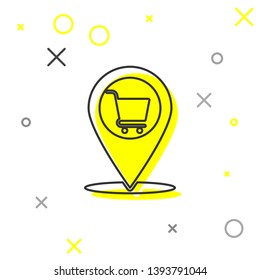 Grey Map pointer with shopping cart line icon isolated on white background. Pin point shop and shopping. Supermarket basket symbol. Vector Illustration