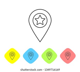 Grey Map pointer with star line icon isolated on white background. Star favorite pin map icon. Map markers. Set icon in color rhombus buttons. Vector Illustration