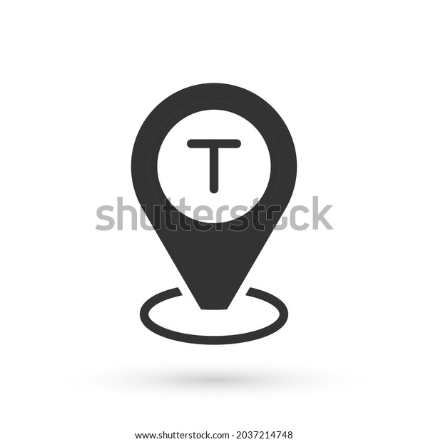 Grey Map pointer with taxi car\
icon isolated on white background. Location symbol. \
Vector