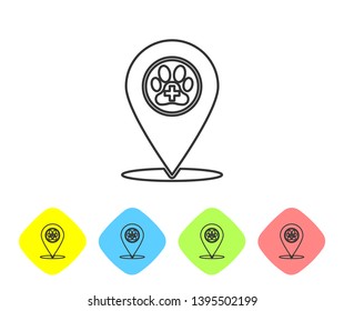 Grey Map pointer with veterinary medicine hospital, clinic or pet shop for animals line icon on white background. Vet or veterinarian clinic. Set icon in color rhombus buttons. Vector Illustration