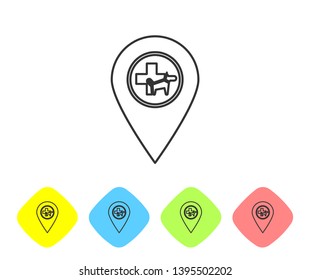 Grey Map pointer with veterinary medicine hospital, clinic or pet shop for animals line icon on white background. Vet or veterinarian clinic. Set icon in color rhombus buttons. Vector Illustration