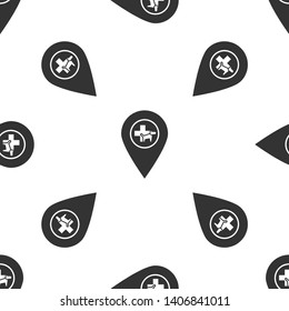 Grey Map pointer with veterinary medicine hospital, clinic or pet shop for animals icon isolated seamless pattern on white background. Vet or veterinarian clinic. Vector Illustration