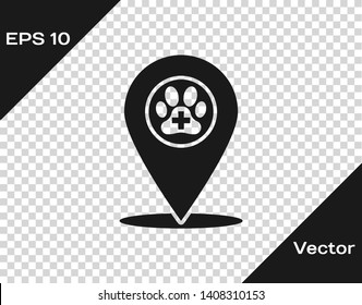 Grey Map pointer with veterinary medicine hospital, clinic or pet shop for animals icon isolated on transparent background. Vet or veterinarian clinic. Vector Illustration