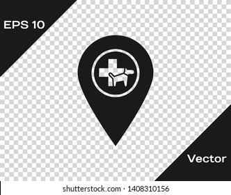 Grey Map pointer with veterinary medicine hospital, clinic or pet shop for animals icon isolated on transparent background. Vet or veterinarian clinic. Vector Illustration