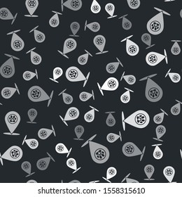Grey Map pointer with veterinary medicine hospital, clinic or pet shop for animals icon isolated seamless pattern on black background. Vet or veterinarian clinic.  Vector Illustration
