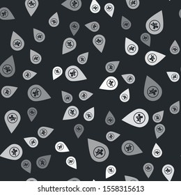 Grey Map pointer with veterinary medicine hospital, clinic or pet shop for animals icon isolated seamless pattern on black background. Vet or veterinarian clinic.  Vector Illustration