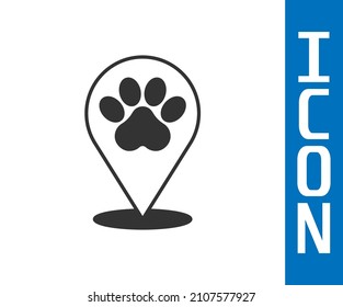 Grey Map pointer with veterinary medicine hospital, clinic or pet shop for animals icon isolated on white background. Veterinarian clinic.  Vector