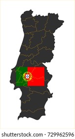 Grey map of Portugal and national flag.