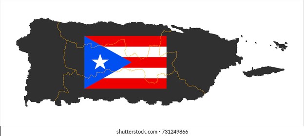 Grey map of Puerto Rico (U.S.) and national flag.

