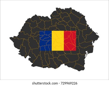 Grey map of Romania and national flag.