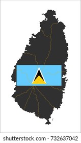 Grey map of Saint Lucia and national flag.
