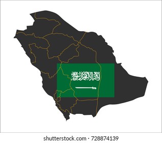 Grey map of Saudi Arabia and national flag.