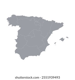 Mapa gris de España con división administrativa aislada sobre fondo blanco. Ilustración vectorial