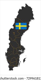Grey map of Sweden and national flag.