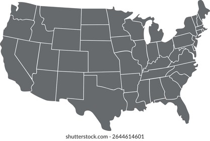Grey map of United States of America on white background.