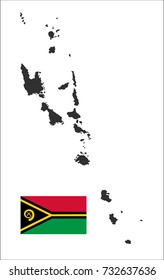 Grey map of Vanuatu and national flag.
