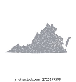 Graue Karte von Virginia mit seinen Bezirken einzeln auf weißem Hintergrund. Vektorgrafik